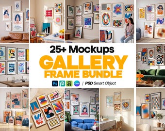 May include: A digital collection of 25+ gallery frame mockups featuring various wall art arrangements in diverse interior settings. The bundle includes PSD smart object files compatible with Photoshop, Canva, and other design software tools.