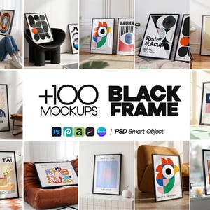 Puede incluir: Una colección de impresiones artísticas enmarcadas con varios diseños abstractos y texto, incluyendo "Bauhaus", "Mai Tai" y "Flowers Girls". Las impresiones tienen un marco negro y se muestran en una variedad de entornos, mostrando una estética moderna.