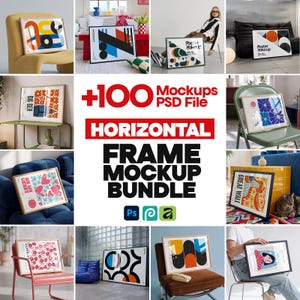 May include: A selection of framed art prints displayed in different environments. The prints showcase abstract designs, floral patterns, and graphic illustrations. The image includes the text "+100 Mockups PSD File" and "HORIZONTAL FRAME MOCKUP BUNDLE".