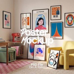 May include: A collection of framed posters displayed on walls and the floor, featuring various graphic illustrations, abstract shapes, and text including 'LA FEMME' and 'BIG BEN'. The scene includes a yellow armchair and a record player setup.