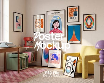 May include: A collection of framed posters displayed on walls and the floor, featuring various graphic illustrations, abstract shapes, and text including 'LA FEMME' and 'BIG BEN'. The scene includes a yellow armchair and a record player setup.