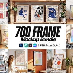 May include: A collection of framed art prints, including abstract designs, Matisse-inspired figures, and a newspaper-style print. The image also features the text "700 FRAME Mockup Bundle" with software logos, suggesting a digital product for art display.