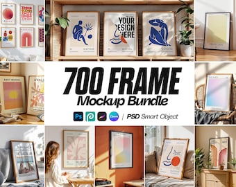 May include: A collection of framed art prints, including abstract designs, Matisse-inspired figures, and a newspaper-style print. The image also features the text "700 FRAME Mockup Bundle" with software logos, suggesting a digital product for art display.