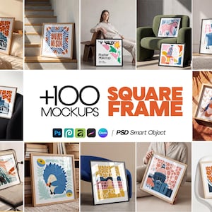 May include: A collection of square framed art prints featuring various colorful illustrations. The prints showcase diverse themes, including abstract designs, floral patterns, and architectural depictions. The image also includes the text "+100 MOCKUPS SQUARE FRAME".