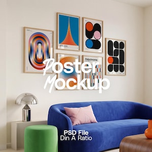 May include: A contemporary living room with a blue sofa, a wooden coffee table, and framed posters on the wall. The posters display colourful abstract designs. The text "Poster Mockup" is visible on the wall.