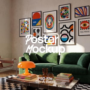 May include: A living room with a dark green velvet sofa, a modern orange lamp, and a collection of framed abstract art prints. The prints feature colourful geometric designs. A coffee table and a checkered rug complete the decor.