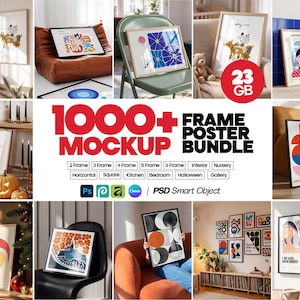 May include: A digital collection of 1000+ frame and poster mockups featuring various interior settings, including nurseries, kitchens, and galleries. The bundle includes horizontal and square frames compatible with Photoshop, Canva, and PSD Smart Objects.