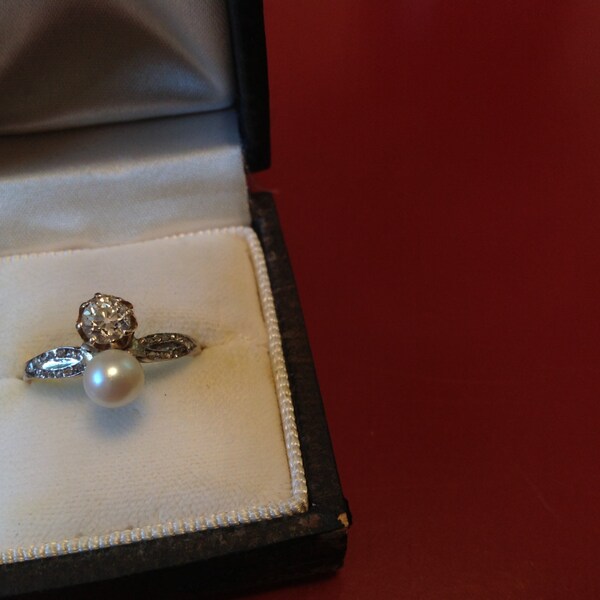 SALE Antique edwardian diamond and pearl moi et toi ring