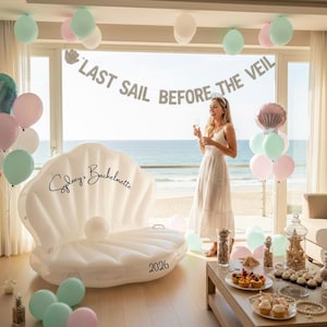 Personalized Clamshell Pool Float with Pearl Ball – Custom Text Inflatable, White Shell Float for Bachelorette