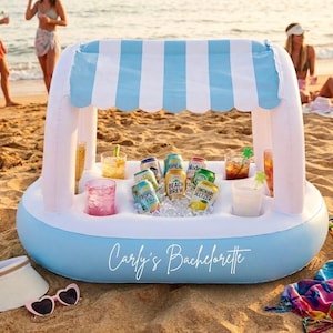 Customizable Decorative Buffet Bar Pool Float Decor – Blue & White Cabana for Bachelorette Parties