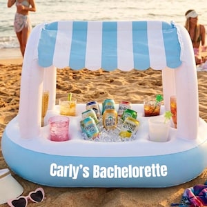 Customizable Decorative Buffet Bar Pool Float – Blue & White Cabana for Bachelorette Parties