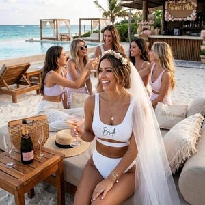 May include: A group of women celebrating on a beach. The bride wears a white bikini with "Bride" printed on it, a veil, and a floral crown. Champagne glasses are raised. The scene includes a wooden table with a champagne bottle and a straw bag.