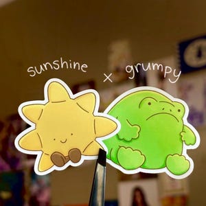 Matte Waterproof Grumpy Frog/Sunny Sun Plush Sticker (grumpy x sunshine)