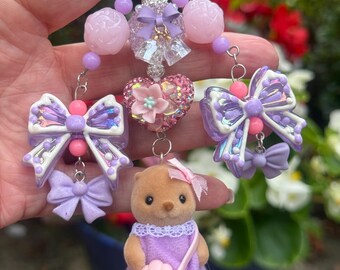 Handmade Otter Sylvanian Keychain: Purple Dress, Pink Bow, Charm Beads