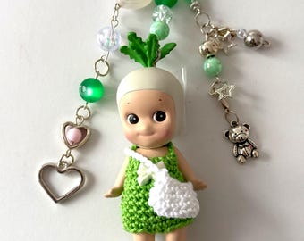 Authentic Sonny Angel Radish Keychain, Hand-Knitted Outfit, Sparkly Beads
