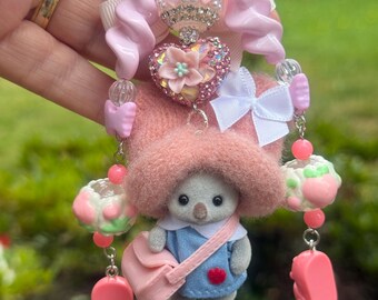Beaded Koala Keychain with Pink Teddy Bear Charm – Bag Accessory