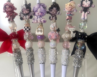 Bolígrafo artesanal con forma de calavera panda y cuentas – Herramienta de escritura estilo anime kawaii