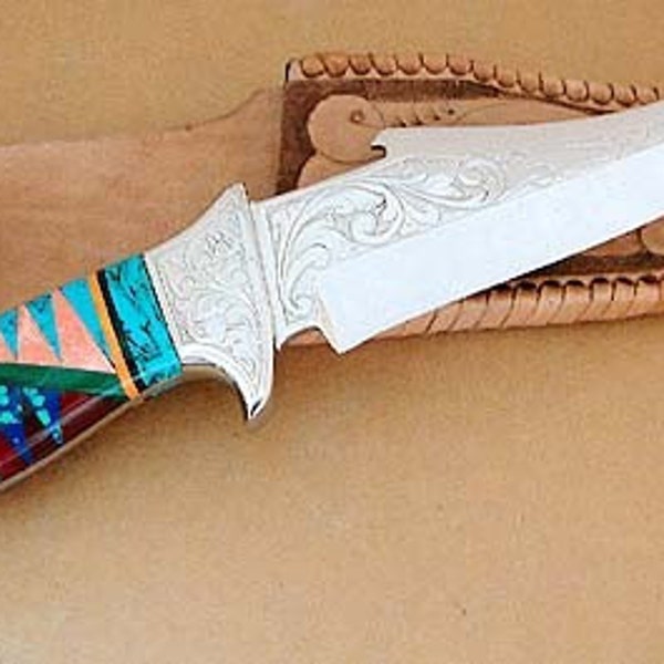 ONE OF A KIND INLAID STAINLESS STEEL HUNTING KNIFE WITH TOOLED SCABBARD