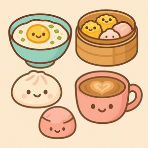 May include: A set of charming cartoon illustrations featuring Asian cuisine. The image includes a bowl of rice with an egg, a bamboo steamer filled with dumplings, a pink coffee cup with a heart, and two different types of buns.