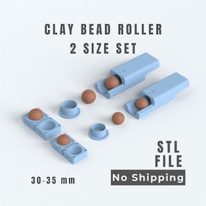 Könnte beinhalten: Ein hellblaues Tonperlen-Roller-Set in 2 Größen mit zwei rechteckigen Rollwerkzeugen und zwei kreisförmigen Formen. Das Set enthält braune, kugelförmige Tonperlen. Text: CLAY BEAD ROLLER 2 SIZE SET, STL FILE, No Shipping, 30-35 mm.