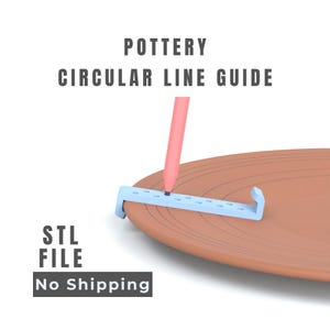 May include: A light blue pottery circular line guide tool with a series of holes for marking, positioned on a terracotta-colored ceramic surface. A pink stylus is inserted into one of the holes. The text reads POTTERY CIRCULAR LINE GUIDE and STL FILE.