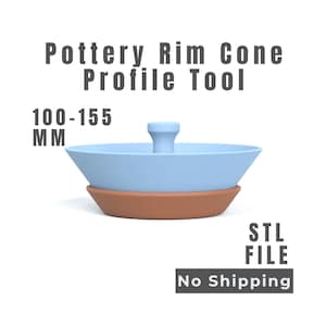 May include: A light blue pottery rim cone profile tool with a central handle, positioned above a terracotta-colored base. The text reads Pottery Rim Cone Profile Tool, 100-155 MM, and STL FILE. This tool is designed for shaping ceramic rims.
