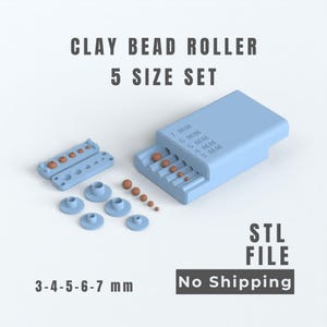 Könnte beinhalten: Ein hellblaues Tonperlen-Roller-Set in 5 Größen mit dem Text CLAY BEAD ROLLER 5 SIZE SET, STL FILE und 3-4-5-6-7 mm. Das Werkzeug verfügt über Kanäle mit der Beschriftung 3 mm, 4 mm, 5 mm, 6 mm und 7 mm sowie kleine braune Tonperlen.