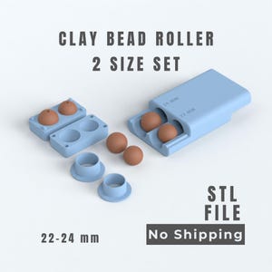 Pode incluir: Um conjunto de rolos para contas de argila em azul claro de dois tamanhos com duas contas esféricas castanhas. A ferramenta apresenta canais moldados rotulados como 22 mm e 24 mm. O conjunto inclui um molde retangular e dois encaixes.