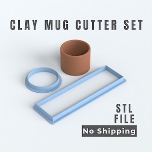 Op de afbeelding: Een klei mok uitsteekvormen set bestaande uit een lichtblauwe ronde uitsteekvorm, een lichtblauwe rechthoekige uitsteekvorm en een bruine cilindrische mokvorm. De afbeelding bevat de tekst CLAY MUG CUTTER SET en STL FILE.