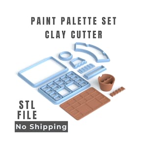 May include: A paint palette set clay cutter collection featuring various light blue plastic shapes, including a rectangular frame, a multi-well grid, and a brown rectangular slab with a matching brown cup. Text reads PAINT PALETTE SET CLAY CUTTER STL FILE.