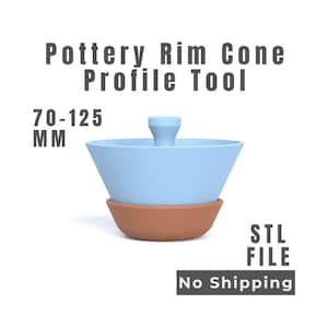 Könnte beinhalten: Ein hellblaues Töpfer-Randprofil-Werkzeug in Kegelform mit einem zentralen Griff, das auf einer braunen, schalenförmigen Basis ruht. Der Text lautet Pottery Rim Cone Profile Tool, 70-125 MM und STL FILE. Dies ist eine digitale Datei für den 3D-Druck.