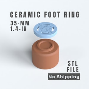 Op de afbeelding: Een keramische voetring met een lichtblauw cirkelvormig onderdeel met de tekst 35-MM 1.4-IN en een bruine cilindrische basis. De tekst CERAMIC FOOT RING, 35-MM 1.4-IN en STL FILE is zichtbaar. Dit is een digitaal 3D-bestand.