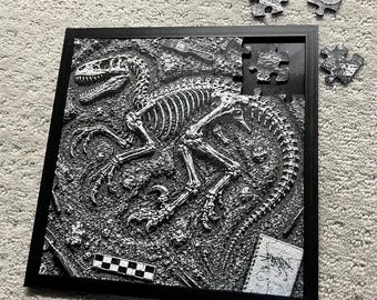 64-Piece Velociraptor Fossil Puzzle - 3D Printed Dinosaur Skeleton Jigsaw Puzzle - Paleontology Fossil Excavation Display Puzzle - Dinosaur