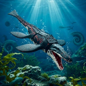 May include: An underwater scene featuring a plesiosaur with a black and red patterned body, open mouth, and white teeth. The prehistoric reptile swims in blue water, surrounded by rocks, seaweed, and sunlight.