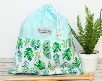 Knitting project bag, palm leaves drawstring bag, cotton storage stuff sack, gift for knitter, fabric drawstring bag, UK handmade gifts shop