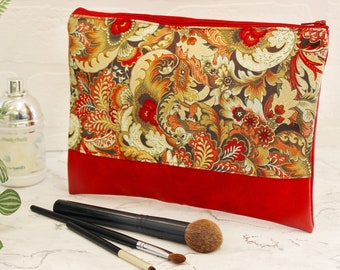 Large vegan leather cosmetics bag, red paisley fabric make up bag, leatherette travel case, makeup organiser, handmade by Coralie Green
