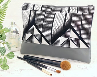 Large monochrome make up bag, geometric pattern cosmetics bag, modern black and white travel case, make up organiser, Coralie Green UK