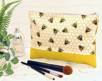 Large bees make up bag, bee pattern cosmetics bag, modern honeycomb travel case, make up organiser, Nostalgia Knits handmade gifts UK