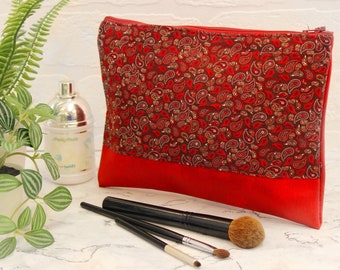 Large red leatherette cosmetics bag, red paisley fabric make up bag, leatherette travel case, make up storage, handmade by Coralie Green