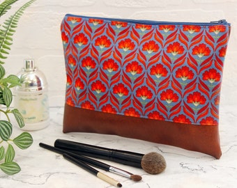 Leatherette make up bag, large vegan leather cosmetics bag, floral travel case, make up organiser, Coralie Green handmade gifts UK