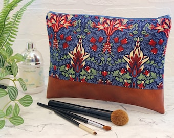 Make up bag with William Morris fabric, large vegan leather vintage style cosmetics bag, travel case, make up organiser, Coralie Green gifts