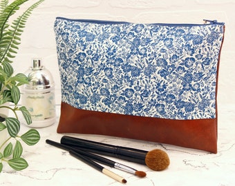 Vintage style make up bag, blue floral cosmetics bag, rustic floral fabric travel case, make up organiser, Coralie Green studio UK