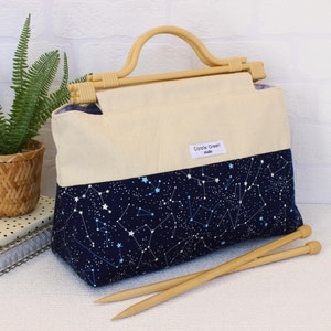 Extra large knitting storage bag, blue star constellations knitting organiser tote, work in progress knitting travel bag by Coralie Green UK