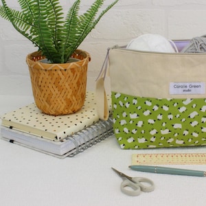 Cute sheep pattern zipped knitting pouch by Coralie Green, medium crochet storage pouch, gift for knitter, retirement gift