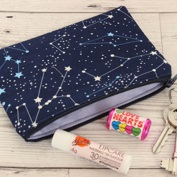 Small zip purse, stars zip purse, zodiac constellations small coin purse, night sky sewing notions pouch, knitting pouch, UK shop