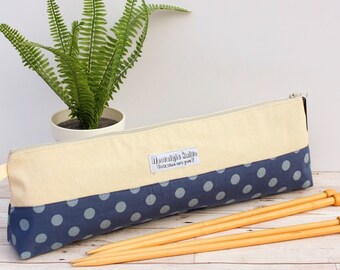 Blue knitting needle storage case, spotty knitting needles organiser pouch, navy blue knitting needle pouch, knitting gift, Knitting bag UK