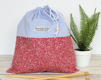 Red floral knitting bag, red flowers drawstring bag,  craft project bag, vintage style knitting bag, yarn storage, gift for knitters, UK