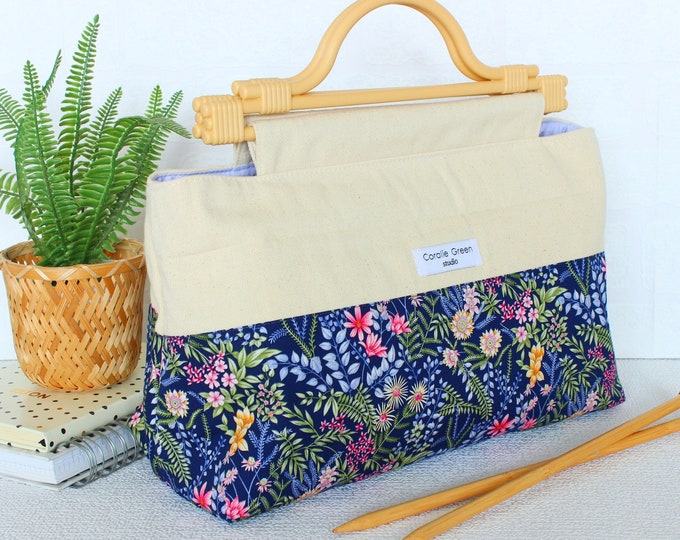 Extra large knitting storage bag, navy blue floral knitting organiser tote, work in progress knitting travel bag by Coralie Green UK shop