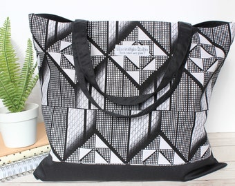 Monochrome shopping bag, black and white tote bag, large reusable bag for life by Nostalgia Knits, geometric shoulder bag, book bag UK