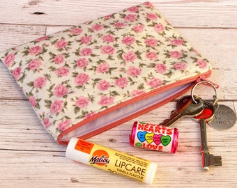 Petit sac à main zip, sac à main zip floral de style vintage, petit sac à main roses chic shabby, pochette de notions de couture, pochette à tricoter, boutique de cadeaux au Royaume-Uni